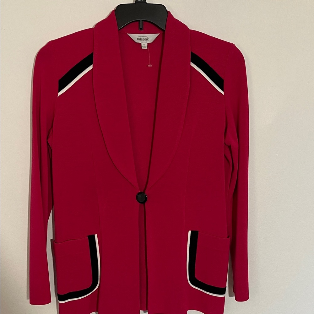 Misook Raspberry Red Shawl Collar Blazer with Contrast Trim